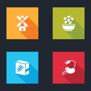 Yel değirmeni, tohum kasesi, un paketi ve filizlenme ikonu hazırla. Vektör