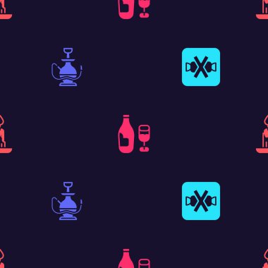 Şekersiz, nargile, cam kaplı şarap şişesi ve pürüzsüz desenli yanan mum koyun. Vektör