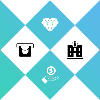 ATM ve para ayarla, El Verme, Elmas ve Banka binası ikonu. Vektör