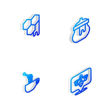 Isometric hattı bal kavanozu, bal peteği, dipper çubuğu ve arı simgesini ayarla. Vektör