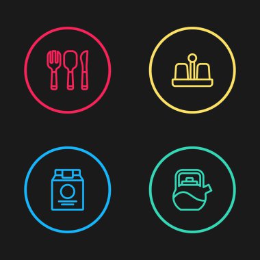 Çevrimiçi sipariş ve teslimat hattı, saplı Kettle, tuzlu biber ve çatal, kaşık bıçağı ikonu. Vektör