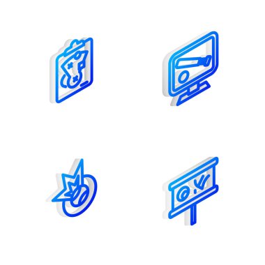 Isometric çizgi monitörünü beyzbol maçı, planlama stratejisi, beysbol ve ikon ile ayarla. Vektör