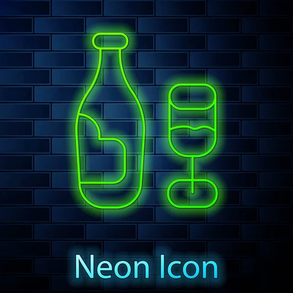 Glowing Neon Line Wine Bottle Glass Icon Isolated Brick Wall — Stock Vector