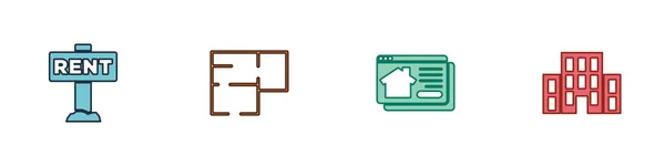 Hängende Zeichen Mit Miete Hausplan Online Immobilienhaus Und Symbol Setzen — Stockvektor