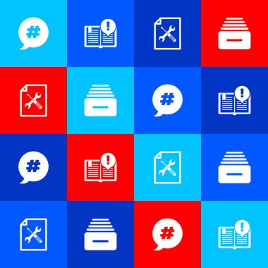 Set Hashtag speech bubble, Interesting facts, File document service and Drawer with documents icon. Vector.