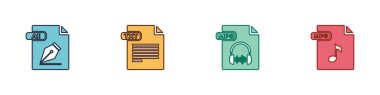 Set AI file document, TXT, MP3 and  icon. Vector.