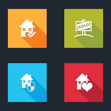 Set House with check mark, Hanging sign Sold, under protection and heart shape icon. Vector.