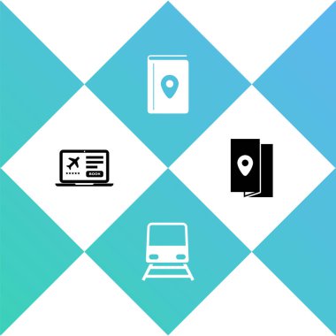 Set Laptop with ticket, Train, Cover book travel guide and  icon. Vector.