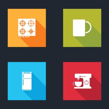 Set Gas stove, Coffee cup, Refrigerator and Electric mixer icon. Vector.