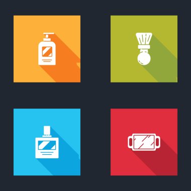 Set Bottle of shampoo, Shaving brush, Aftershave and Hand mirror icon. Vector.