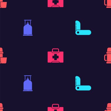 Set Swiss army knife, Camping gas stove, First aid kit and Thermos container and cup on seamless pattern. Vector.