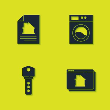Set House contract, Online real estate house, key and Washer icon. Vector.