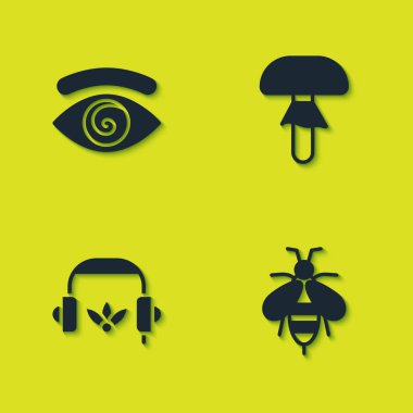 Set Hypnosis, Bee, Headphones for meditation and Mushroom icon. Vector.