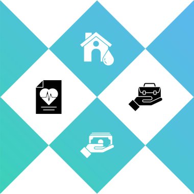 Set Health insurance, Stacks paper money cash, House flood and Hand holding briefcase icon. Vector.