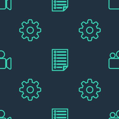 Set line Document, Cogwheel gear settings and Movie or Video camera on seamless pattern. Vector.