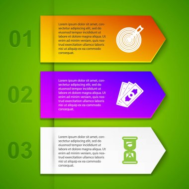 Set line Target with arrow, Stacks paper money cash, Old hourglass and Clock. Business infographic template. Vector.