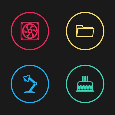 Set line Table lamp, Cake with burning candles, Folder and Computer cooler icon. Vector.