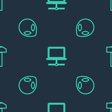 Set line Computer network, Alien and Hammer on seamless pattern. Vector.