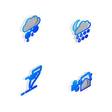 Set Isometric line Cloud with snow, rain, moon, and, Tornado and swirl icon. Vector.