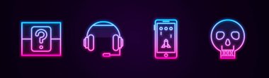 Set line Mystery or random box, Headphones, Mobile playing in game and Skull. Glowing neon icon. Vector.
