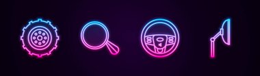 Set line Car wheel, mirror, Steering and Windscreen wiper. Glowing neon icon. Vector.