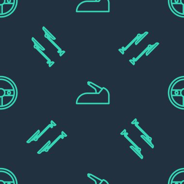 Set line Car handbrake, Windscreen wiper and Steering wheel on seamless pattern. Vector.