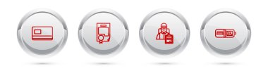 Set line Credit card, Certificate template, Delivery man with cardboard boxes and Wallet. Silver circle button. Vector.