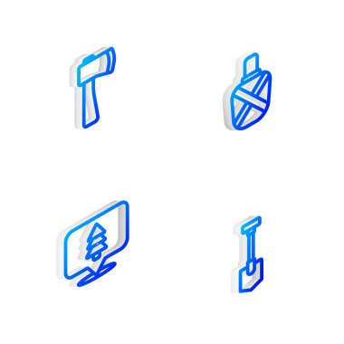 Kantin su şişesi, tahta balta, ormanın konumu ve kürek ikonu. Vektör.