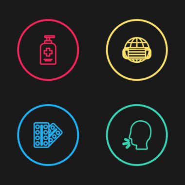 Çizgi hapları su toplamış, öksüren adam, tıbbi maskeli Dünya ve sıvı antibakteriyel sabun ikonu. Vektör