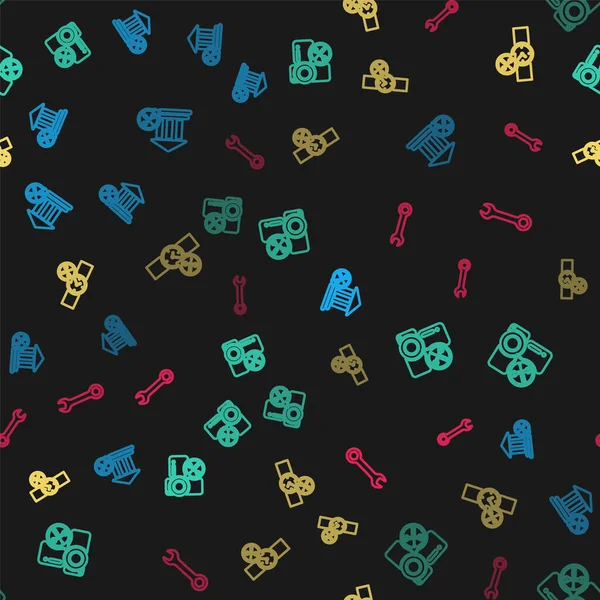 Set line Bank building service, Video camera, Wrist watch and Wrench on seamless pattern. Vector.