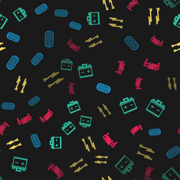 Автомобильная шина, аккумулятор, стеклоочиститель и амортизатор Shock на безseamless рисунке. Вектор.