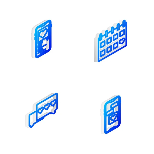 Set Isometric Line Calendar Heart Mobile Icon Vector — Stock Vector