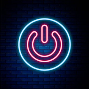 Parlayan neon hattı güç simgesi tuğla duvar arka planında izole edildi. Başlat işareti. Renkli taslak konsepti. Vektör