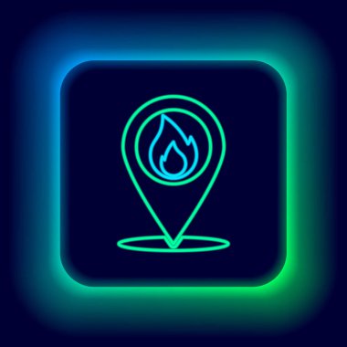 Siyah arkaplanda izole edilmiş ateş alev ikonu olan parlak neon çizgili harita işaretçisi. Yakında yangın var. Renkli taslak konsepti. Vektör