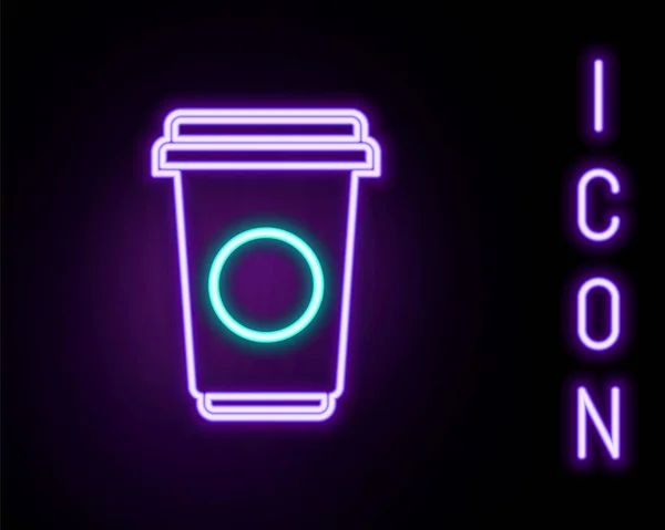 Gloeiende Neon Lijn Koffie Cup Pictogram Geïsoleerd Zwarte Achtergrond Wegwerpkoffiekopje — Stockvector