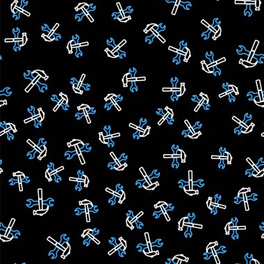 Çizgiyi aşan çekiç ve ingiliz anahtarı simgesi siyah arka planda izole edilmiş. Donanım aletleri. Vektör