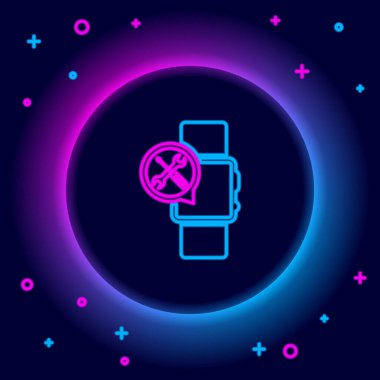 Siyah arkaplanda izole edilmiş parlak neon çizgisi, tornavida ve anahtar simgesi olan Smartwatch. Ayarlama, servis, ayar, bakım, onarım, onarım. Renkli taslak konsepti. Vektör