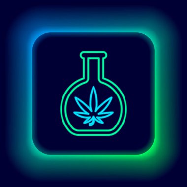 Esrar ya da kenevir yaprağı simgesiyle siyah arkaplanda parlayan neon hattı test tüpü. Araştırma konsepti. Laboratuvar CBD yağ konsepti. Renkli taslak konsepti. Vektör
