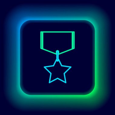 Parlayan neon hattı askeri ödül ikonu siyah arka planda izole edildi. Ordu işareti. Renkli taslak konsepti. Vektör