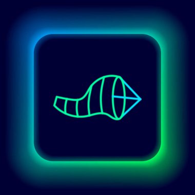 Parlayan neon hattı koni meteorolojisi rüzgar gülü ikonu siyah arka planda izole edildi. Rüzgâr Sock rüzgarın yönünü ve gücünü gösteriyor. Renkli taslak konsepti. Vektör