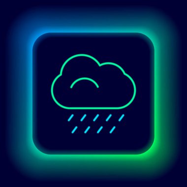 Siyah zemin üzerinde yağmur ikonu olan parlak neon çizgisi. Yağmur damlaları ile yağmur bulutu yağışı. Renkli taslak konsepti. Vektör