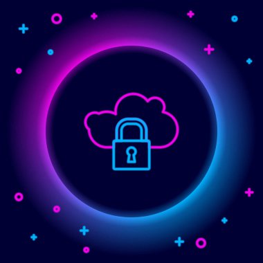Parlayan neon hattı Cloud bilgisayar kilidi simgesi siyah arkaplanda izole edildi. Güvenlik, güvenlik, koruma kavramı. Kişisel verilerin korunması. Renkli taslak konsepti. Vektör