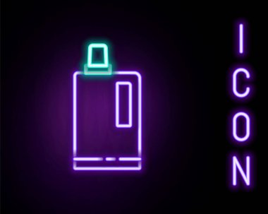 Parlayan neon hattı yumuşatıcı simgesi siyah arkaplanda izole edildi. Sıvı çamaşır deterjanı, saç kremi, temizlik maddesi, çamaşır suyu. Renkli taslak konsepti. Vektör