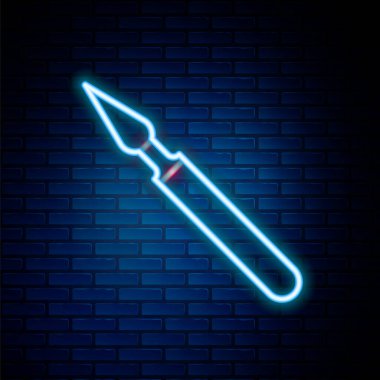 Parlayan neon hattı tıbbi cerrahi neşter alet ikonu tuğla duvar arka planında izole edildi. Tıbbi alet. Renkli taslak konsepti. Vektör