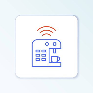 Line Smart kahve makinesi simgesi beyaz arkaplanda izole edildi. İnternet kavramının kablosuz bağlantısı. Renkli taslak konsepti. Vektör