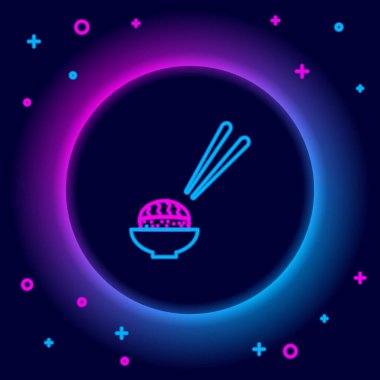 Parlayan neon hattı Sushi simgesi siyah arkaplanda izole edildi. Geleneksel Japon yemekleri. Renkli taslak konsepti. Vektör