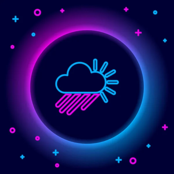 Glowing Neon Line Cloudy Rain Sun Icon Isolated Black Background — Stock Vector