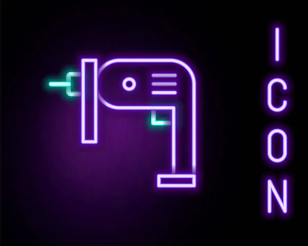 Leuchtende Neon Linie Elektrische Bohrmaschine Symbol Isoliert Auf Schwarzem Hintergrund — Stockvektor