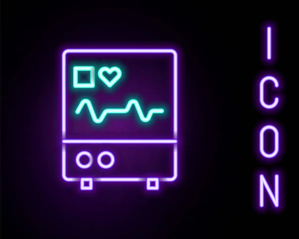 Glowing Neon Line Computer Monitor Cardiogram Icon Isolated Black Background — Stock Vector