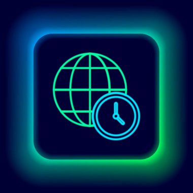 Parlayan neon hattı dünya zaman simgesi siyah arkaplanda izole edildi. Saat ve küre. Renkli taslak konsepti. Vektör